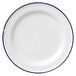 A white porcelain plate with a blue rim.