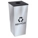 A silver stainless steel square recycling receptacle with the word "Recycle" and a recycle symbol on it.