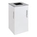 A white square trash can with a silver top and an open rectangular slot.