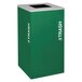 An emerald green square trash receptacle with the word "trash" in white text.