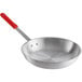 A Choice aluminum frying pan with a red silicone handle.