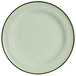A white plate with a green rim.