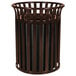 A brown metal Ex-Cell Kaiser outdoor trash receptacle with black stripes.