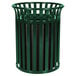 a green metal trash can