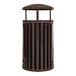 A brown metal Ex-Cell Kaiser outdoor trash receptacle with a black canopy lid.