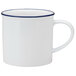 A white Luzerne Tin Tin porcelain coffee mug with a blue rim and handle.