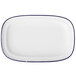 A white rectangular porcelain platter with a blue rim.