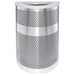 A close-up of a stainless steel half round waste receptacle with holes in it.