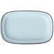 A light blue rectangular porcelain platter with black trim.