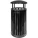 An Ex-Cell Kaiser black round outdoor trash receptacle with canopy and door.