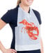A woman wearing a lobster bib with a lobster on it.