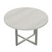 A Safco Mirella white round conference table with metal legs.