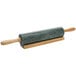 A Fox Run green marble rolling pin on a wooden stand.