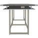 A Safco Mirella rectangular standing conference table with a stone gray finish and metal base.