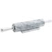 A Fox Run white marble rolling pin with stainless steel handles and base on a white surface.