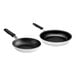 A pair of Vollrath Wear-Ever aluminum non-stick frying pans with black silicone handles.