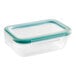 An OXO clear rectangular plastic container with a blue lid.