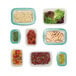 A OXO clear rectangular food storage container with green olives, red beans, and green onions inside.