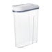An OXO clear plastic food storage container with a white lid.