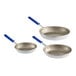 Three pans with blue handles.