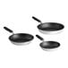 A group of three Vollrath Wear-Ever aluminum non-stick frying pans with black silicone handles.