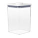 An OXO Good Grips clear plastic food storage container with a white lid.