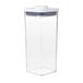 A clear container with a white lid.