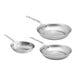 Three Vollrath stainless steel frying pans with chrome plated handles.