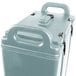 A slate blue Cambro insulated soup carrier with handles.