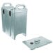 A slate blue Cambro insulated soup carrier with a lid and a black button.