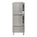 A commercial stainless steel floor steamer with two compartments and digital controls.