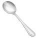 A close-up of a Vollrath stainless steel bouillon spoon with a beaded design on the handle.