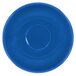 A close-up of a light blue International Tableware saucer with a circle in the middle.