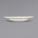 A close up of a white stoneware pasta bowl with a rolled edge.