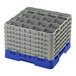 A navy blue and gray 16-compartment glass rack with six extenders for dishwashing and storage.