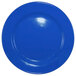 A light blue stoneware plate with a wide rim and rolled edge.