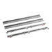 A close-up of a set of metal drawer slides with red handles.