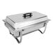 A silver stainless steel rectangular chafer with a black handle and lid.