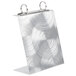 A silver Alumitique aluminum menu tent with swirl finish and metal top rings.