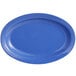 A white oval melamine platter with a blue rim.