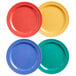 A group of four Elite Global Solutions melamine plates in assorted colors including blue, green, and red.