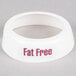 A white plastic Tablecraft salad dressing dispenser collar with red lettering reading "Fat Free"