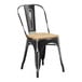 A black metal Lancaster Table & Seating cafe chair with a natural wood seat.