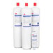 3M Water Filtration Products replacement cartridge kit for DP390 water filtration system with three white cylinders with blue and white text and red caps.
