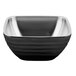 A black square Vollrath serving bowl with a silver rim.