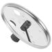 A stainless steel circular slicing disc with a black handle.