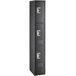 A black metal Regency locker with three doors and a recessed stainless steel handle.