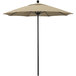 A California Umbrella round outdoor table umbrella with a black pole and antique beige Sunbrella canopy.