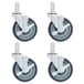 A group of 5" polyurethane swivel stem casters with black rubber wheels.