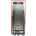 A red Metro C5 heated holding cabinet with clear door.